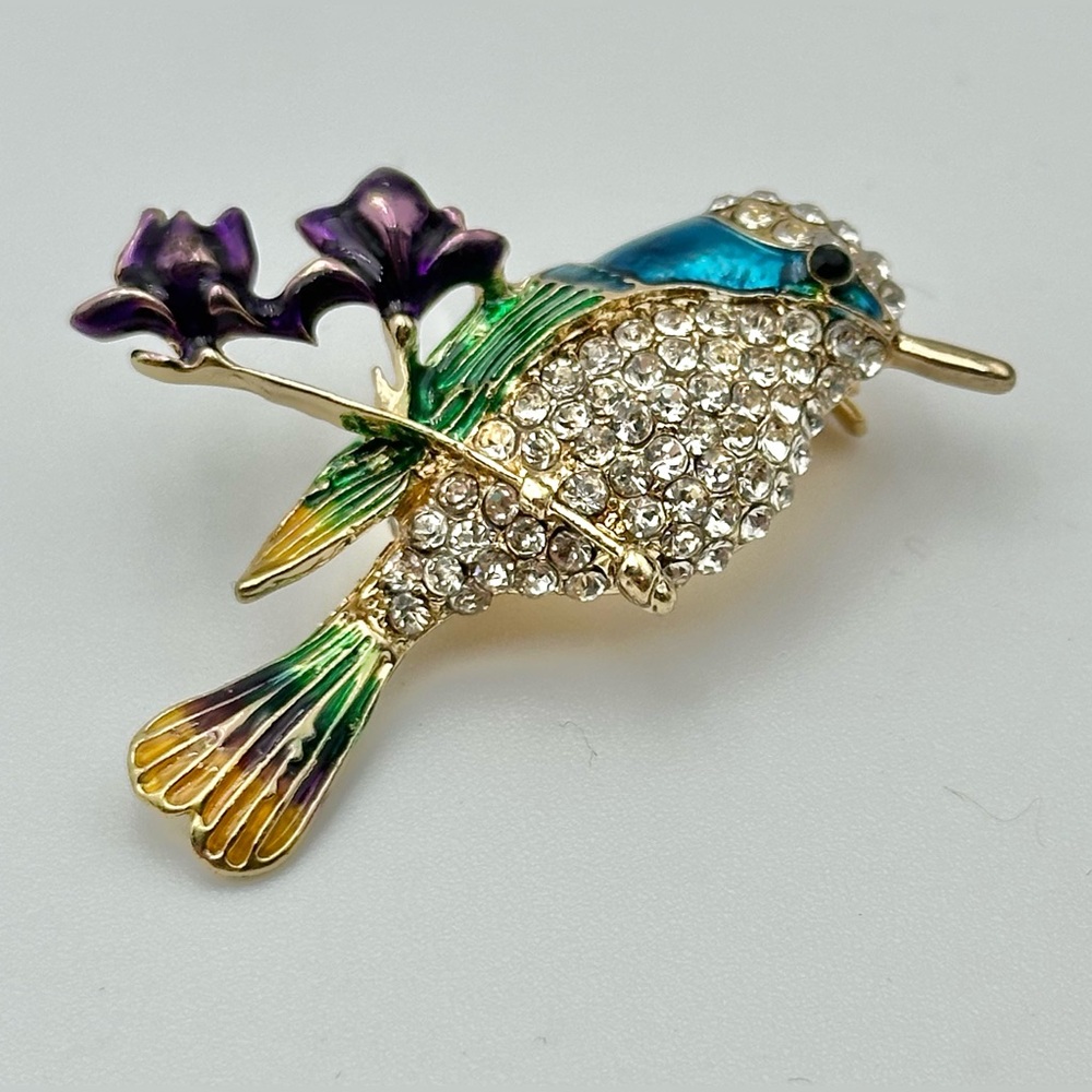 Lot 2 Rhinestone Enamel Bird Brooch Pin Hummingbird Floral Colorful Set - Picture 3 of 4